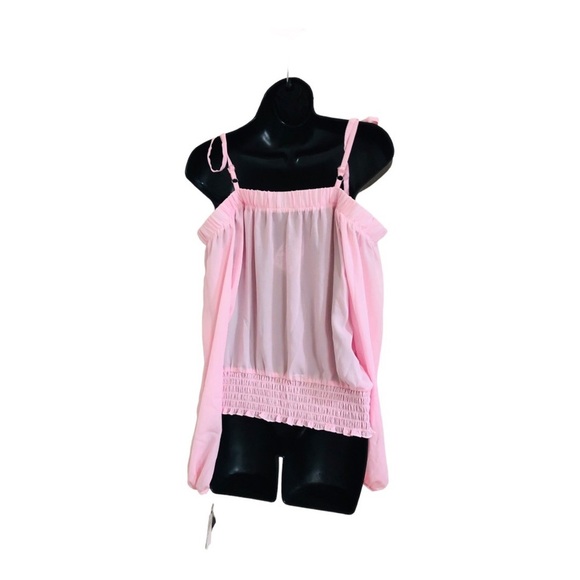 Pink cold shoulder sheer long sleeve smocked cuff waist blouse top size‎ medium - Picture 6 of 10